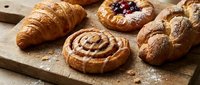 Fresh baked pastries on wooden board including croissants, cinnamon rolls and berry danishes dusted with powdered sugar for bakery display.