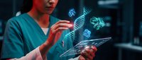 Female healthcare professional using tablet with holographic DNA and molecular structures in modern medical laboratory setting for genetic research.