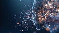 Glowing human profile silhouette made of luminous particles against dark background, concept of artificial intelligence and digital consciousness.