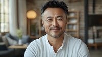 Confident middle-aged Asian businessman with beard smiling warmly in modern office space wearing casual white shirt for corporate lifestyle content.