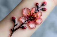 Watercolor flower tattoo on pale skin featuring pink blossoms with dark buds and branches, artistic body art design for inspiration and reference.