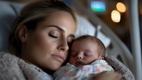 Young Caucasian mother sleeping peacefully with newborn baby wrapped in floral swaddle, both resting on cozy gray chair in dim evening light with soft bokeh background.