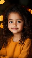 Young mixed-race girl with curly hair wearing orange sweater smiling warmly against bokeh lights background for holiday and family content.