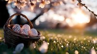Decorated Easter eggs in woven basket against blooming spring garden background with cherry blossoms and sunset bokeh lights, fresh grass in foreground.