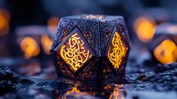 Traditional Arabic lantern with glowing ornamental calligraphy pattern casting warm light in darkness, creating magical ambiance for Ramadan celebration and festive decoration.