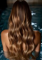 Back view of woman with long wavy brown hair with blonde highlights swimming in pool at night, water droplets glistening on bare shoulders in moonlight.