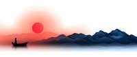 Minimalist landscape with silhouette of person in boat against mountain range and large red sun, foggy atmosphere creates dreamy oriental aesthetic.