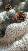 Pine cones and evergreen branches on cozy white knitted wool sweater create warm winter holiday atmosphere. Seasonal festive macro photography.