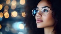 Young African American woman wearing round glasses gazes upward with dreamy expression against blurred bokeh lights background creating magical evening atmosphere.