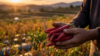 Farmer hands holding fresh red chili peppers at sunset in agricultural field with mountains in background during golden hour harvest time.