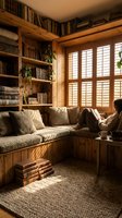 Cozy home library with built-in wooden bookshelves, reading nook, and warm natural lighting creating perfect study atmosphere for relaxation and learning.