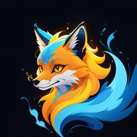Stylized fox head with orange and blue flowing mane against dark background, fantasy art style with dynamic energy effects and glowing elements.