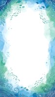 Underwater ocean frame with decorative waves, fish schools and bubbles in blue and green watercolor style for marine themed designs and invitations.