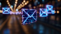 Glowing blue neon email envelope icons floating in dark space with bokeh light effects and motion blur, representing digital communication network.