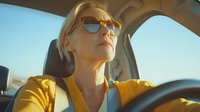 Confident blonde woman in sunglasses driving car during golden hour sunset, hands on steering wheel, warm lighting through windshield for travel concepts.