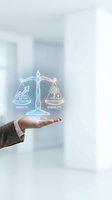 Businessman hand holding glowing scale balancing growth and stability icons in modern office environment for business strategy and decision-making concepts.