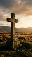 Stone cross standing in remote moorland valley at golden hour with mountains in background, suitable for religious, spiritual, memorial, and landscape photography projects.