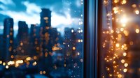 Rainy evening cityscape view through window with bokeh lights and water drops, creating atmospheric urban mood against dark blue stormy sky and glowing buildings.
