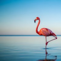 Pink flamingo standing gracefully in calm blue water with clear sky background, tropical bird wildlife nature scene for summer vacation concepts.