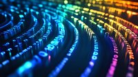 Curved rows of glowing binary code in rainbow spectrum colors creating futuristic digital pattern, abstract technology background for cybersecurity concepts.