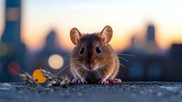Small brown mouse with large ears sitting on urban pavement at sunset with city skyline bokeh lights in background, wildlife photography concept.