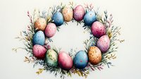 Festive Easter wreath made of colorful speckled eggs in pastel blue, pink, and yellow tones, decorated with delicate spring twigs and tiny flowers on light background.