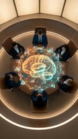 Overhead view of diverse business professionals in formal attire seated around circular table with glowing holographic brain and data analytics visualization for corporate strategy and innovation concepts.