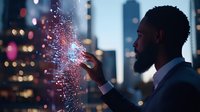 Young African American businessman in suit blowing glowing magical sparkles against urban cityscape with bokeh lights at dusk, creating ethereal atmosphere.