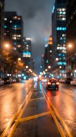 Blurred city street at night with colorful bokeh lights from traffic and illuminated skyscrapers creating atmospheric urban scene for backgrounds.