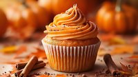 Pumpkin spice cupcake with caramel buttercream frosting, topped with autumn sprinkles, surrounded by cinnamon sticks and fall leaves on rustic background.
