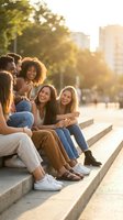 Diverse group of young friends laughing together on urban steps during golden hour sunset, enjoying casual outdoor social gathering in city park setting.