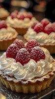 Fresh raspberry tartlets topped with whipped cream and powdered sugar, showcasing ripe red berries against delicate pastry cream in fluted shortcrust shells.