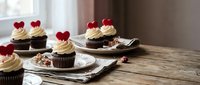 Chocolate cupcakes with vanilla frosting topped with red heart decorations on rustic wooden table, romantic dessert for Valentine's Day celebration.