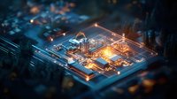 Glowing microchip circuit board with orange light effects and depth of field, modern computer processor technology closeup macro photography in dark blue tones.