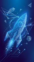 Digital rocket launch with geometric polygonal design and glowing particles on blue gradient background for technology and startup concepts.