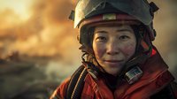 Portrait of young Asian female military pilot in combat helmet and orange flight suit against dramatic sunset sky, perfect for defense, aviation or military themes.