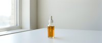 Amber glass dropper bottle with golden serum on white surface near window with natural light for skincare and cosmetic product photography.