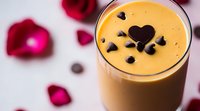 Creamy chocolate smoothie garnished with heart-shaped chocolate and chocolate chips, surrounded by red rose petals on light background, romantic drink setup.