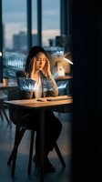Stressed Asian businesswoman experiencing headache while working with holographic data analytics charts and graphs in modern office environment.