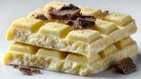 White chocolate bars stacked with visible texture and creamy interior, topped with chocolate shavings on neutral background.