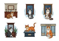 Tabby and white cats in various indoor settings including fireplace, portrait frames, pedestal, potted plants, and museum entrance. Isolated vector illustrations suitable for greeting cards, educational materials, and design projects.