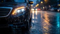 Luxury car headlight glowing in heavy rain on wet city street at night with bokeh lights reflecting on asphalt pavement creating atmospheric urban scene.