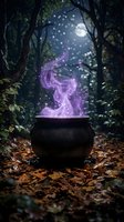 Magical cauldron with glowing purple potion and sparkling mist in dark forest under moonlight, perfect for fantasy, witchcraft, and mystical themed designs.