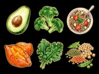 Healthy food ingredients isolated on transparent background, including avocado, broccoli, cereal bowl, sweet potato, kale and legumes. Ready for nutrition, diet and wellness design projects, t-shirts, clipart and print-on-demand products.
