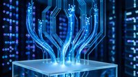 Futuristic holographic circuit board projection emerging from transparent cube in high-tech data center environment with glowing blue digital pathways and bokeh lights.