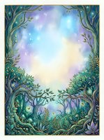 Enchanted forest frame with twisted trees, lush foliage, and magical glowing sky in purple, blue, and gold tones. Isolated on white background, ready for design projects.