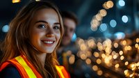 Young Caucasian woman in safety vest smiling at night with blurred bokeh lights in background creating atmospheric mood for construction or industrial setting.