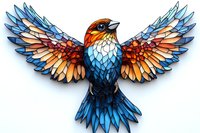 Stylized bird with spread wings in mosaic stained glass style featuring blue, orange and white geometric patterns on white background, isolated design element.