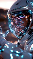 Futuristic robot with glowing blue interface reflections in chrome helmet visor showing digital HUD elements and circuit patterns against dark background.