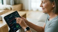 Senior Caucasian woman analyzing financial data on tablet device at home, reviewing investment portfolio and stock market charts for retirement planning.